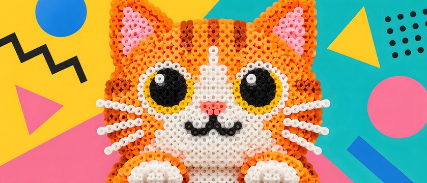 A cute ginger cat crafted from colorful perler beads, set against a vibrant geometric abstract background, showcasing handmade pixel art style.