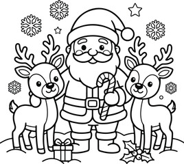 Fototapeta premium Santa claus standing with two cute reindeer, candy cane, and christmas gift, coloring page