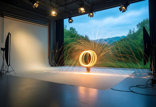 Creative photography and light painting, steel wool spinning performance in professional studio with scenic mountain view and industrial lighting setup