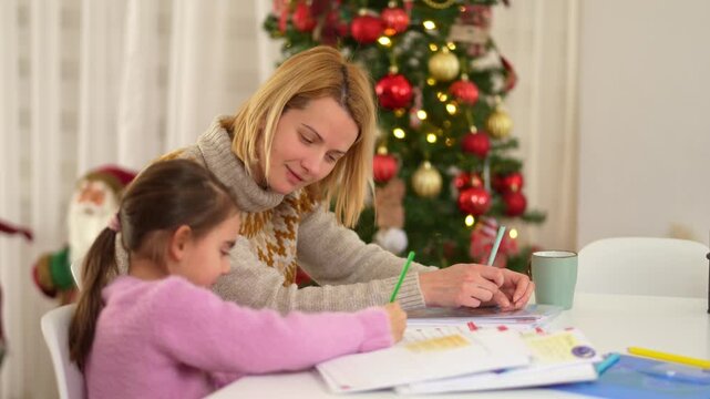 Woman and a young girl draw together at a table in front of a decorated Christmas tree