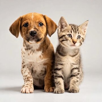 Adorable brown spotted puppy and a tabby kitten sitting together on a grey background representing friendship and pet care
