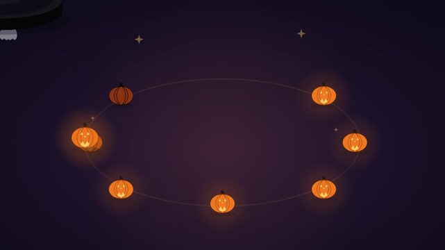 A premium Halloween party animation featuring a glowing pumpkin lantern traveling around a circular parade route and activating other pumpkins one by one until a complete illuminated Halloween light r