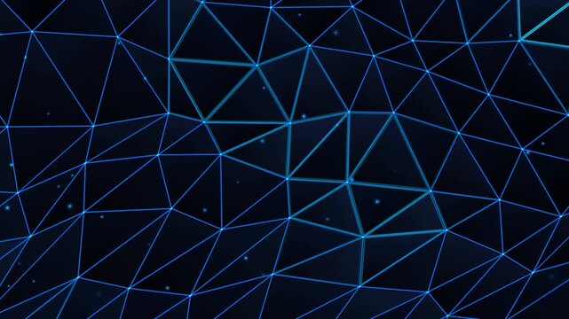 Glowing blue plexus network wireframe grid animating on a dark futuristic digital background