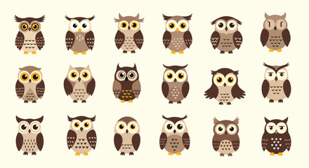 Fototapeta premium Large collection of cute cartoon owls with different patterns, colors, and expressions, arranged in rows on a light cream background.