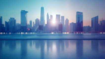 Fototapeta premium Blurred City Skyline At Sunset With Reflection On Surface And Bright Lens Flare In Blue And Orange