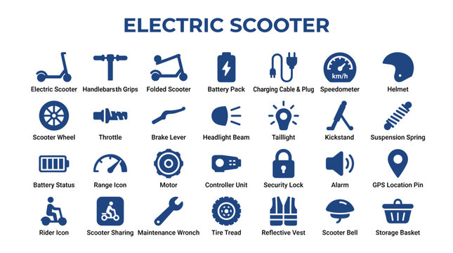Electric Scooter Icons Set: Transportation, Mobility, Technology, and Accessories - Isolated on Transparent Background