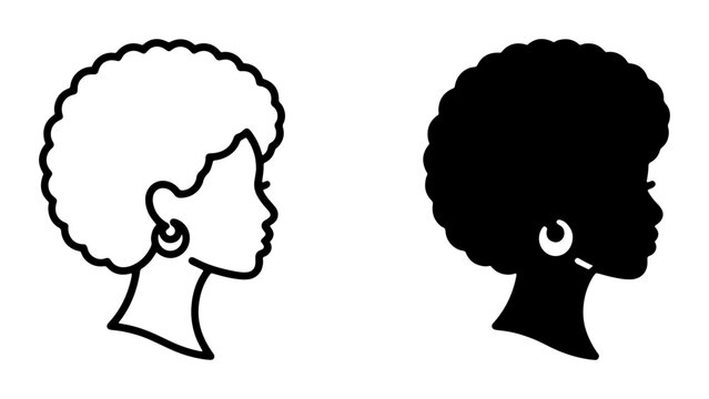Black Woman Profile Icons, Afro Hairstyle Silhouette Vector Set, Elegant Female Head Outline Graphics for Beauty and Culture
