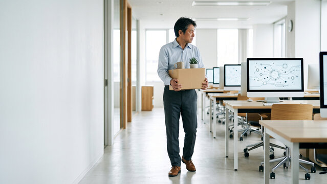 人工知能の端末が並ぶ職場から私物の箱を抱えて去る男性