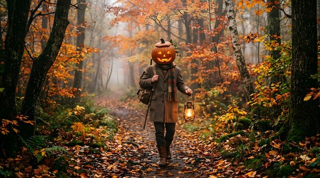 Halloween pumpkin head figure walking through autumn forest carrying glowing lantern