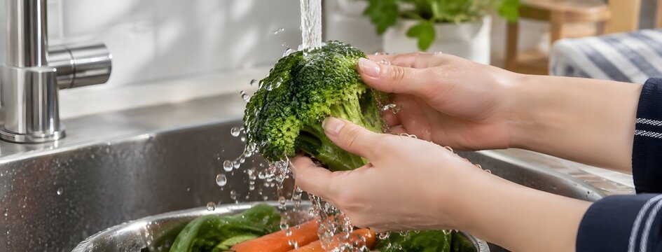 Close-up of hands rinsing fresh broccoli under running tap water at a kitchen sink, washing vegetables to clean ingredients and prepare a healthy fresh salad.