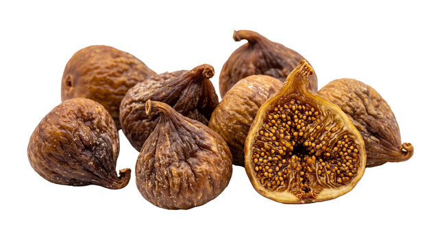 Dried figs pile with sliced fruit, sweet brown organic dried fruit snack, healthy delicious raw fig seeds isolated PNG with Transparent Background