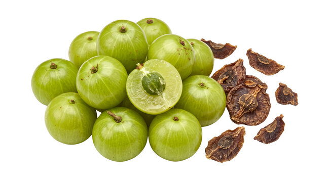 Fresh green amla fruits with dried gooseberry pieces, organic indian gooseberry for ayurvedic medicine, healthy phyllanthus emblica superfood isolated PNG with Transparent Background