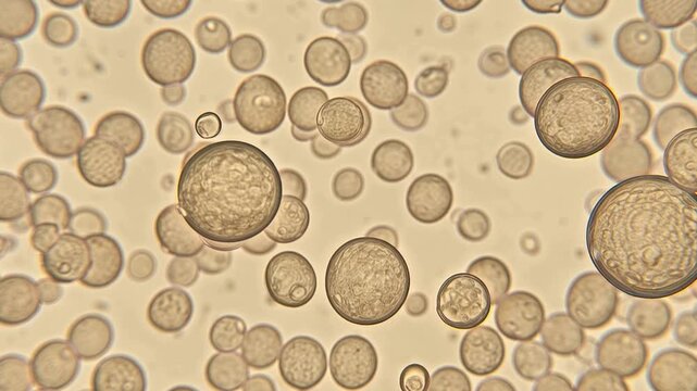 Bakery yeast cells viewed through an optical microscope, showing detailed cellular structures in 1K, authentic microscopic appearance, scientific laboratory visualization, 4K video