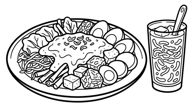 Coloring Page of Indonesian Gado-Gado Salad and Iced Dawet Beverage