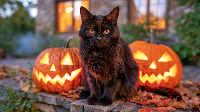 Black cat sitting beside glowing jack-o-lanterns on a rustic porch during Halloween evening, warm window light, autumn leaves, subtle fog, cozy mysterious atmosphere, realistic animal and seasonal l