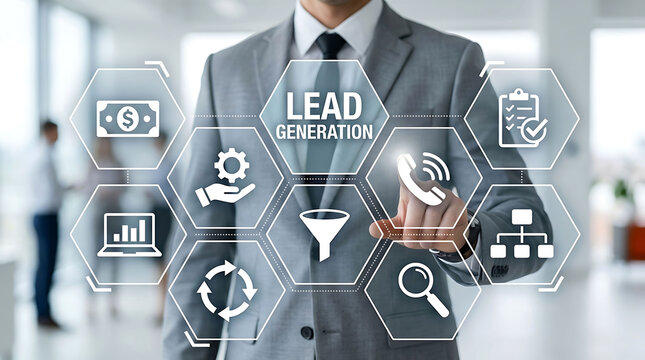 Businessman touching digital screen with lead generation icons in modern office