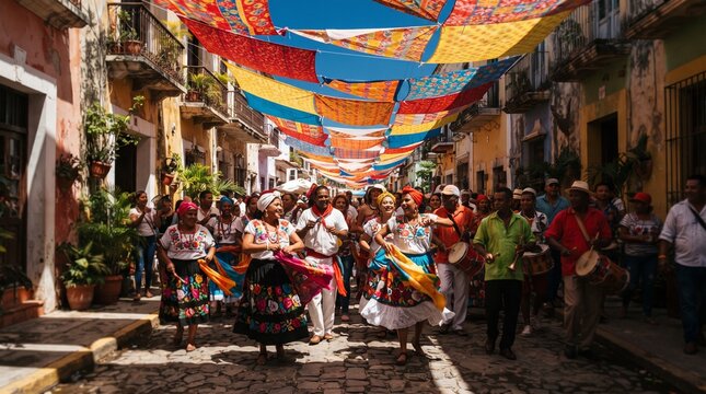 Colorful street festival with people dancing and drumming in traditional attire