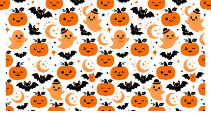 Obraz premium Spooky Halloween seamless pattern with festive flat vector icons of pumpkins and bats