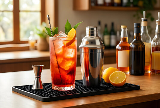 Mixology and cocktail preparation, refreshing red alcoholic drink with ice and orange garnish on a bar counter with shaker and jigger for hospitality