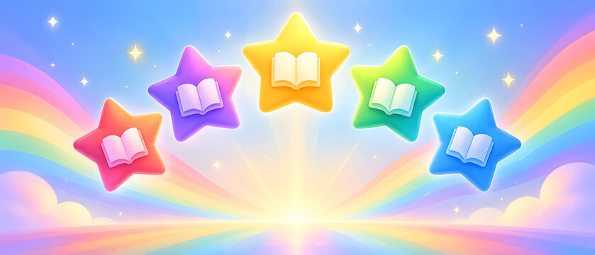 A whimsical illustration of five colorful stars each holding an open book, set against a rainbow sky, representing learning and education.