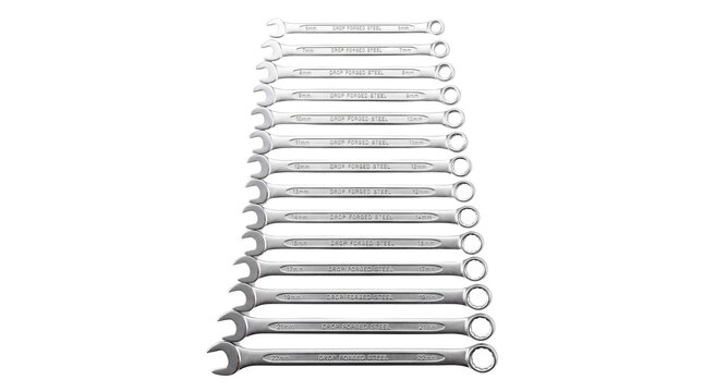 Professional chrome wrench set in ascending size, polished steel combination spanner collection, industrial hand tools for automotive repair and maintenance isolated PNG with Transparent