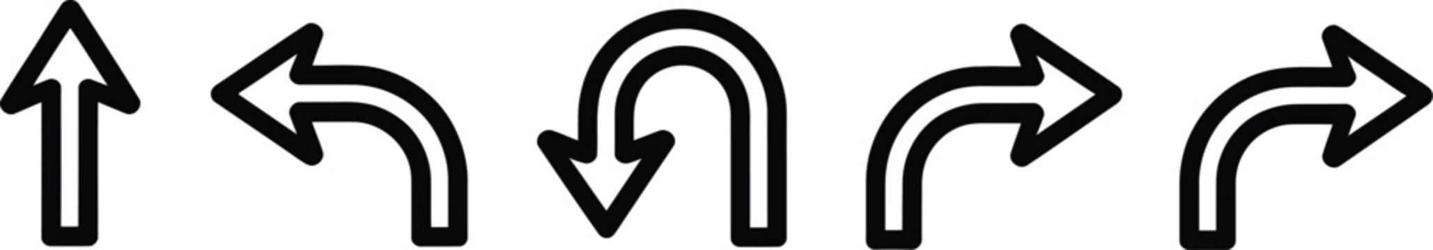 Directional arrows, black symbols featuring straight ahead one way U turn left and right signs for navigation road traffic and guidance.