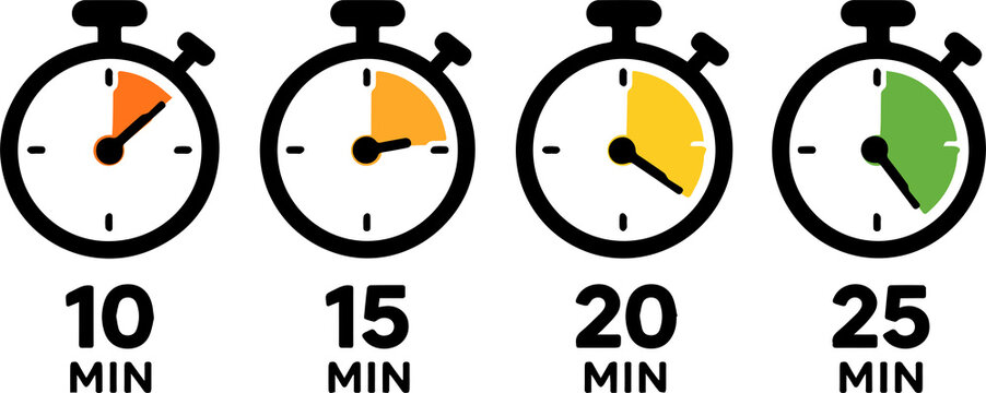 Minimal geometric black stopwatch icon set featuring four timer variations representing 10, 15, 20, and 25 minutes. Bold monochrome shapes, clean circular dials, and distinct elapsed-time segments. Su