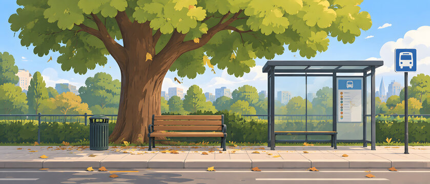 An empty bus stop shelter on a sidewalk, shaded by a large tree, with fallen autumn leaves and distant city trees.