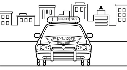 Police Car Front View with City Buildings Background Coloring Page © Agung