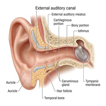 External auditory canal anatomical medical infographic diagram showing auricle ceruminous glands and tympanic membrane