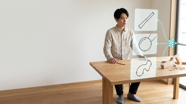 食い違う人工知能の設計案を前に作業を止める職人