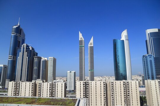 Dubai Trade Centre district urban skyline cityscape. City office building skyline.