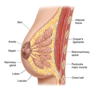 Female breast medical anatomy infographic diagram with text labels showing lobes lobules and pectoralis major