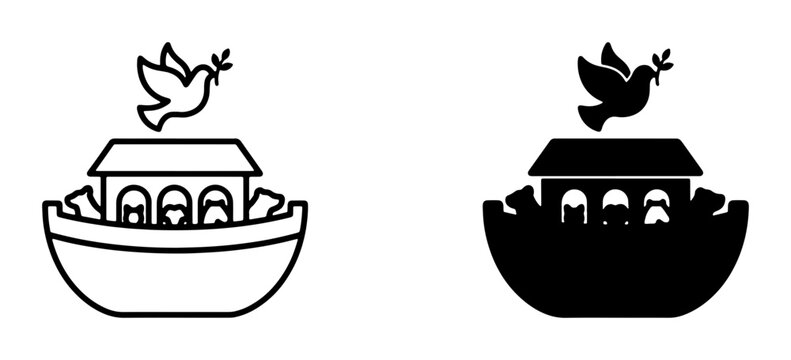 Noah's Ark Icons, Dove with Olive Branch, Religious Symbolism, Biblical Story Vector Art, Two-Tone Design