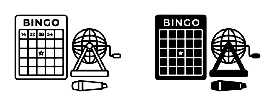 Bingo Game Icons: Card, Cage, and Dabber, Two Styles, Vector Graphics for Lottery and Gambling Themes