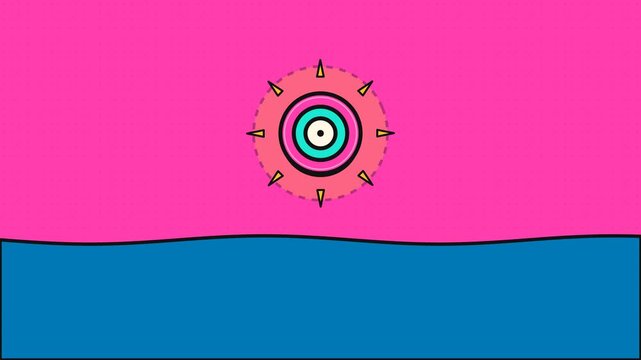 Flat vector animation of stylized sun setting over horizon