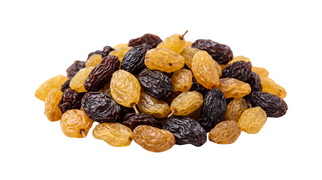 Golden and dark raisins mix, heap of sun-dried grapes, organic dried fruit assortment for healthy snacking and baking ingredients isolated PNG with Transparent Background