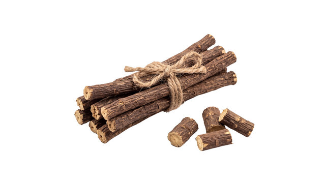 Natural liquorice root sticks tied with jute twine, organic licorice wood for herbal medicine, dried glycyrrhiza glabra roots for culinary use isolated PNG with Transparent Background