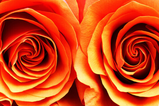 Two orange roses side by side in close-up. Rose background.