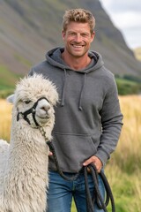 Fototapeta premium Smiling man posing outdoors with a fluffy alpaca in a sunny mountain landscape, showing friendship, rural lifestyle and connection with livestock.