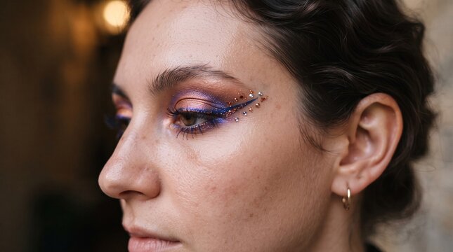 Woman with dramatic blue and copper eye makeup and face gems
