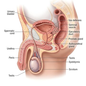 Male reproductive system anatomy infographic diagram displaying testis prostate gland vas deferens and bladder