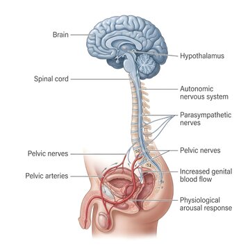 Medical infographic diagram of physiological arousal response showing autonomic and pelvic nerve pathways
