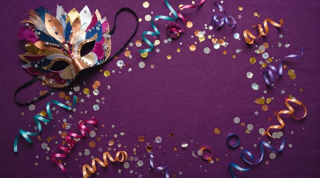 Festive masquerade mask with colorful confetti and streamers on purple background