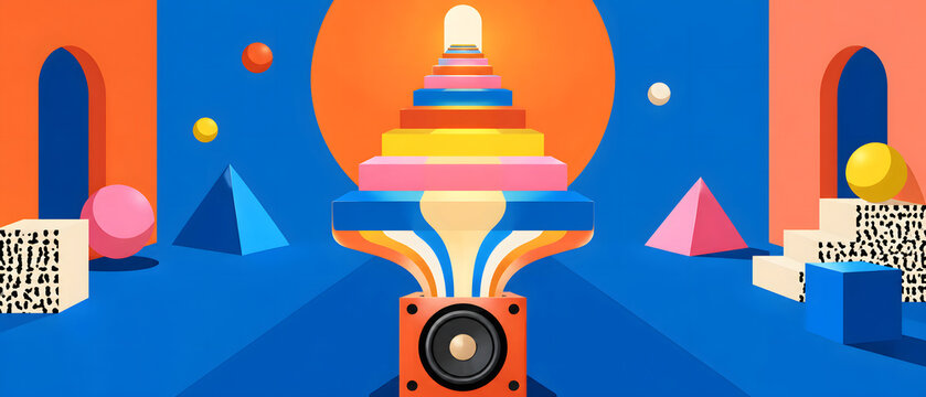 A stylized 3D illustration featuring colorful geometric shapes, a speaker, and arch structures in a vibrant abstract composition.