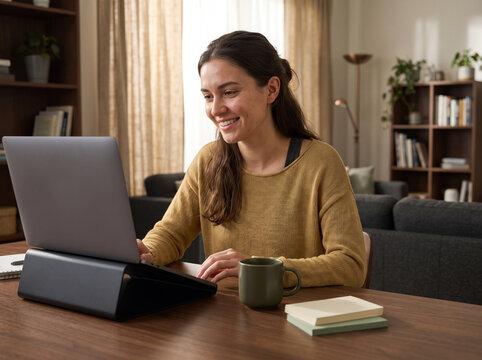 Young Woman Smiling While Working Remotely on a Laptop Computer at Her Comfortable Home Office Desk