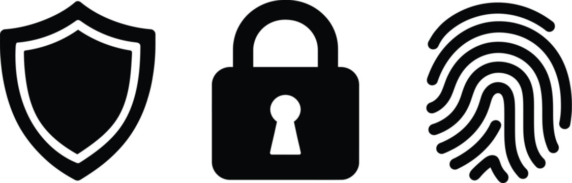 Cybersecurity and Data Protection Icon Set with Shield, Lock and Fingerprint