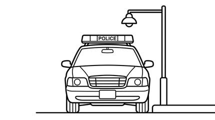 Front View Police Car Coloring Page with Street Lamp Line Art © Agung