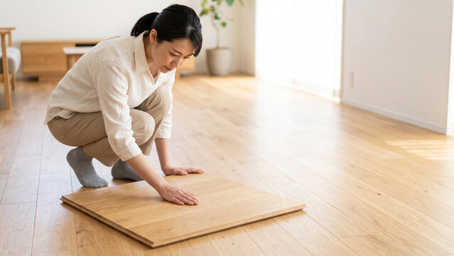 床に置いた板のサンプルに触れて素材を確かめる女性