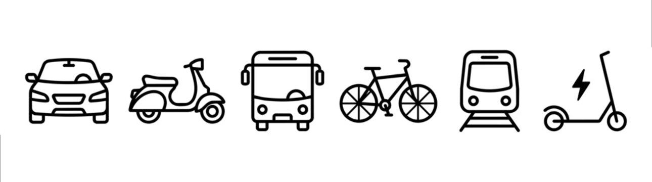 Transportation Icons Set, Car Bus Bicycle Train and Electric Scooter Vector Symbols